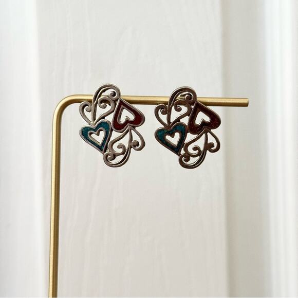 Silver Tone Turquoise Heart Scroll Red Accent Hanging Stud Earrings Southwestern - Picture 4 of 5